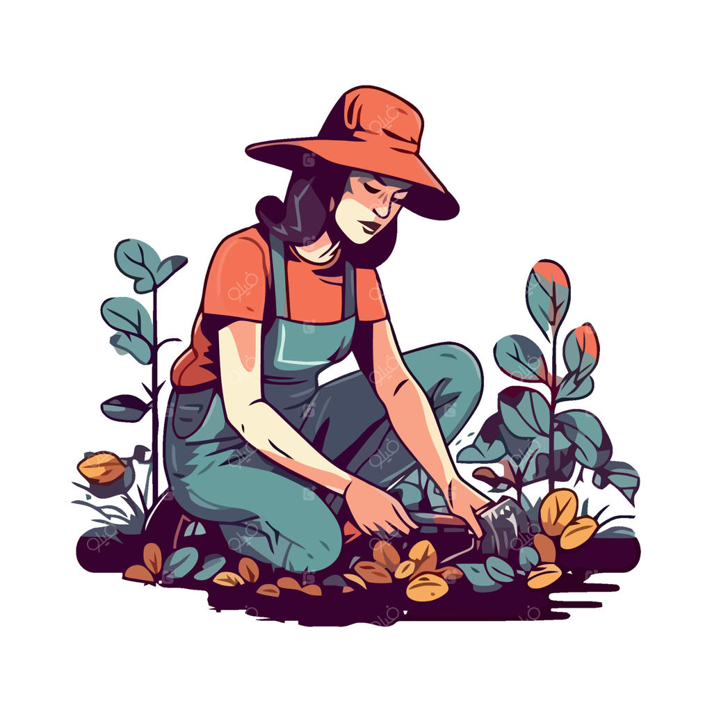 زنی با لباس کار و کلاه در حال زانو زدن در باغچه است