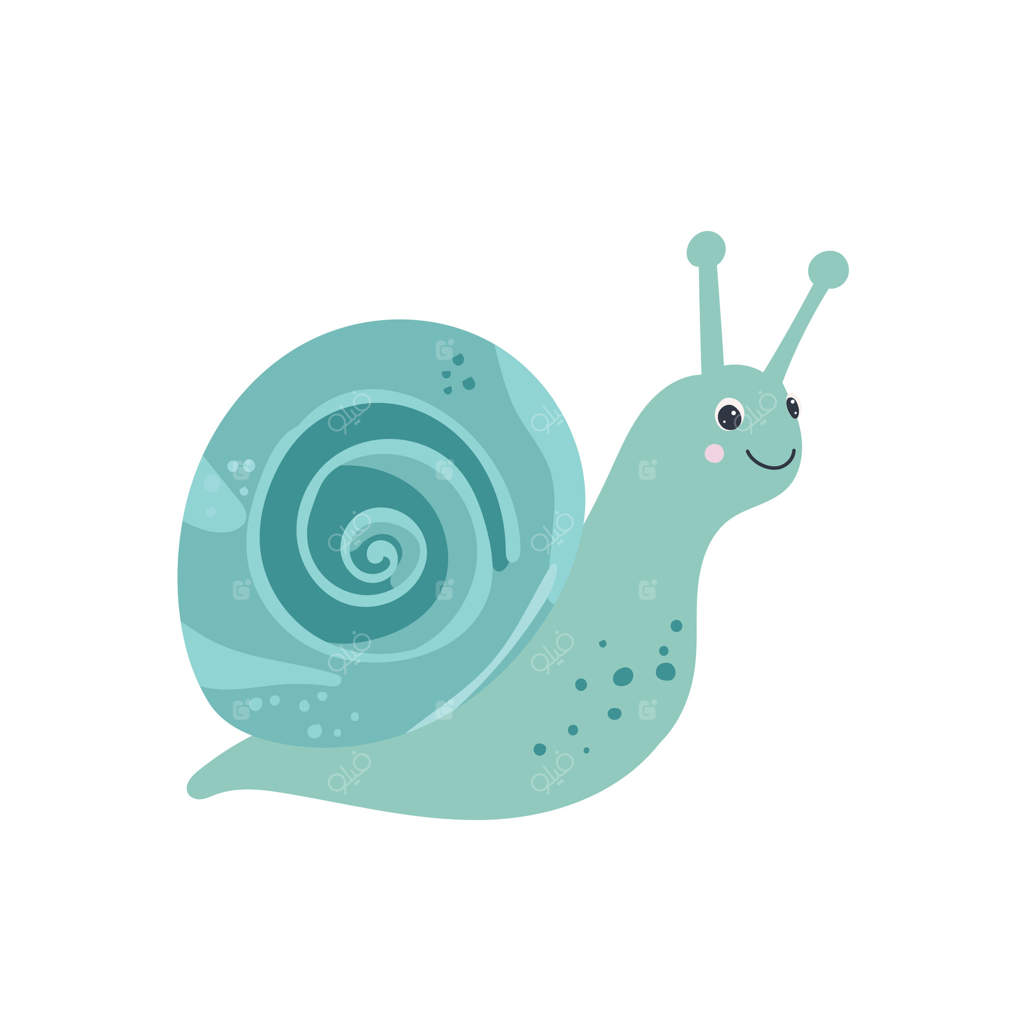حلزون سبز بامزه با صدف مارپیچی و چهره خندان - ایده‌آل برای تصاویر بهاری، طراحی‌های کودکانه و گرافیک‌های طبیعت‌باغی