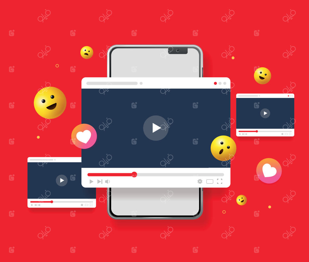 مفهوم ولاگینگ با تلفن همراه سه‌بعدی واقعی و صفحه نمایش پخش ویدئو. وکتور