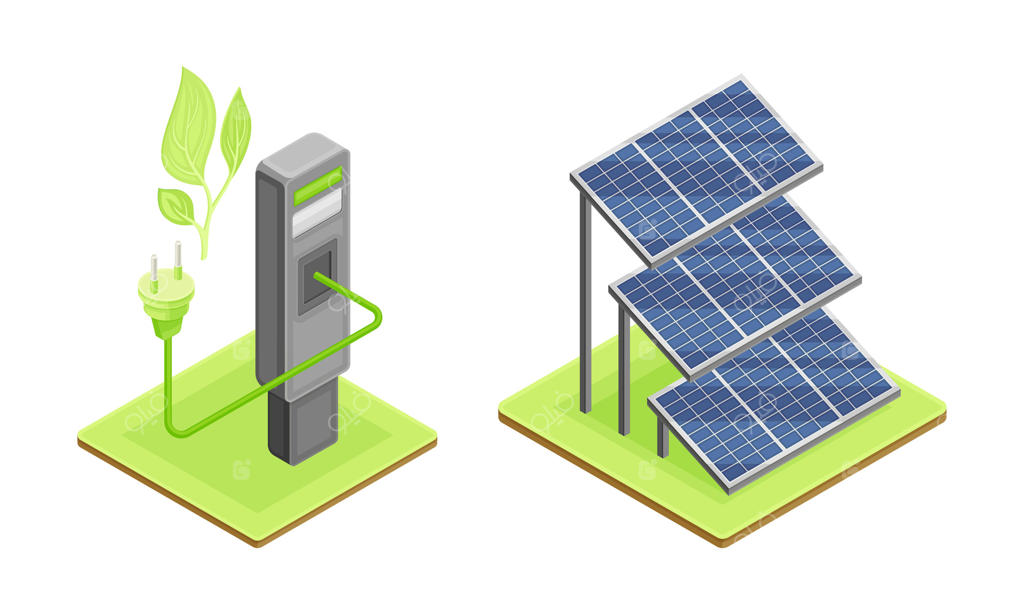 تأمین منابع انرژی جایگزین: پنل‌های خورشیدی و تولید انرژی پاک، تصویر ایزومتریک