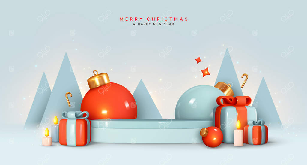 استودیو جشن‌های کریسمس و سال نو با سکوی آبی دایره‌ای و تزیینات سه‌بعدی واقعی شامل توپ‌های تزیینی، درختان مخروطی و جعبه‌های هدیه. قالب خلاقانه برای تعطیلات زمستانی. بنر و پوستر وب، کاور و بروشور کریسمس.