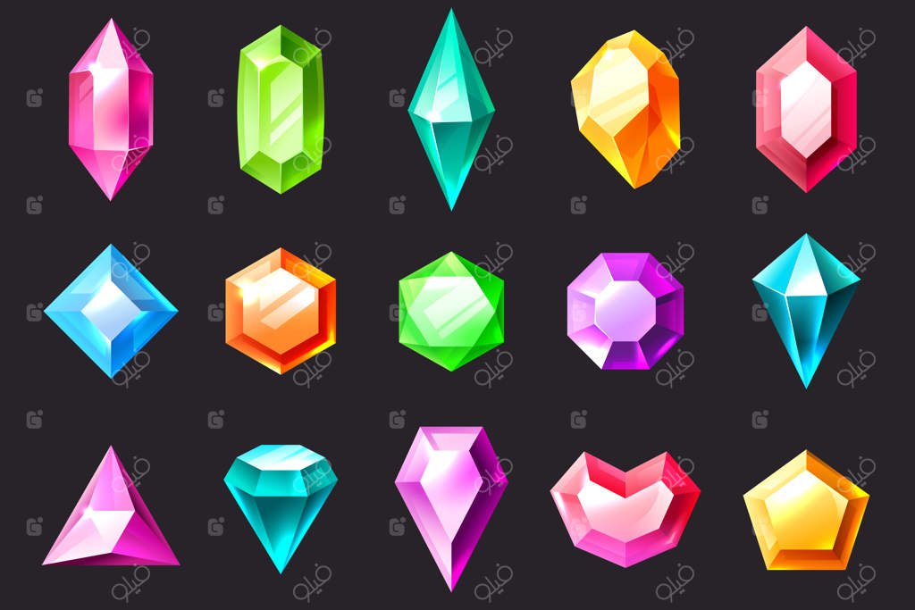 سنگ‌های قیمتی کارتونی: نگین‌های رنگارنگ جواهر، الماس و زمرد. مجموعه سنگ‌های کوارتز، یاقوت کبود، آمیتیست، آکوامارین و تورمالین.