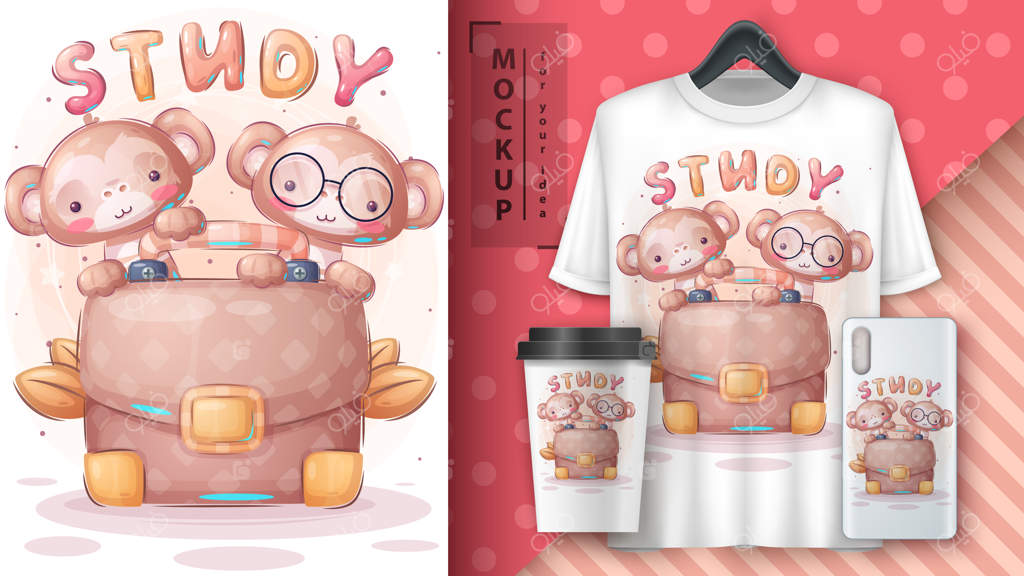 میمونی با پوستر دیپلمات و کالاهای تبلیغاتی