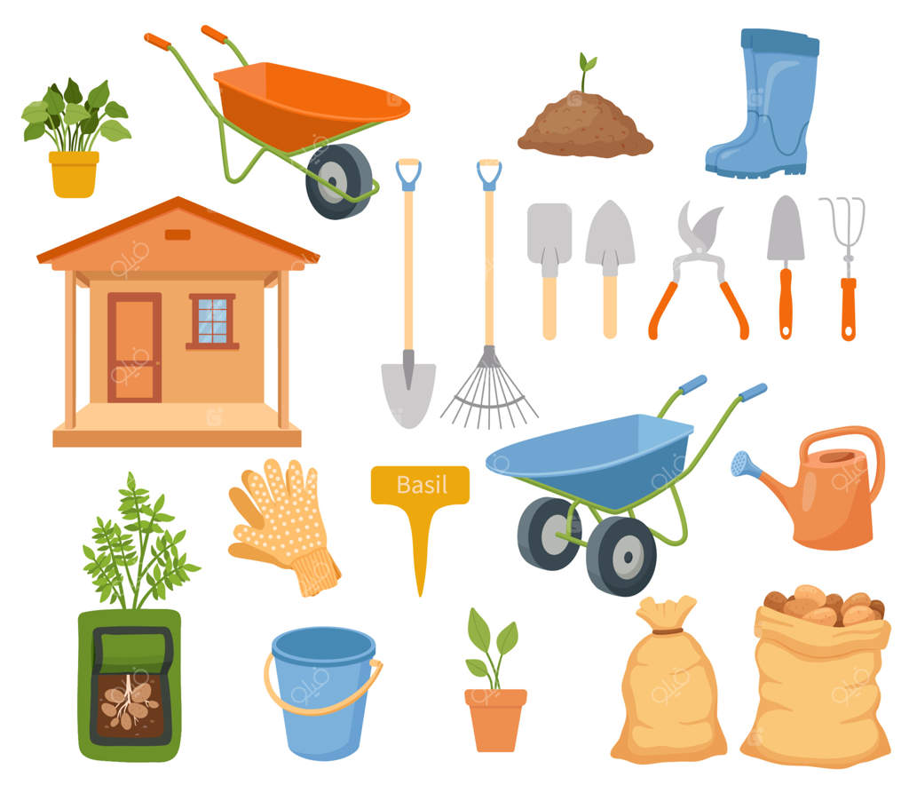 مجموعه ابزار باغبانی به صورت وکتور روی پس‌زمینه سفید: عناصر باغبانی به سبک کارتونی شامل بیل، شن‌کش، آب‌پاش، سطل، آلونک، خاک، بوت، کیسه سیب‌زمینی