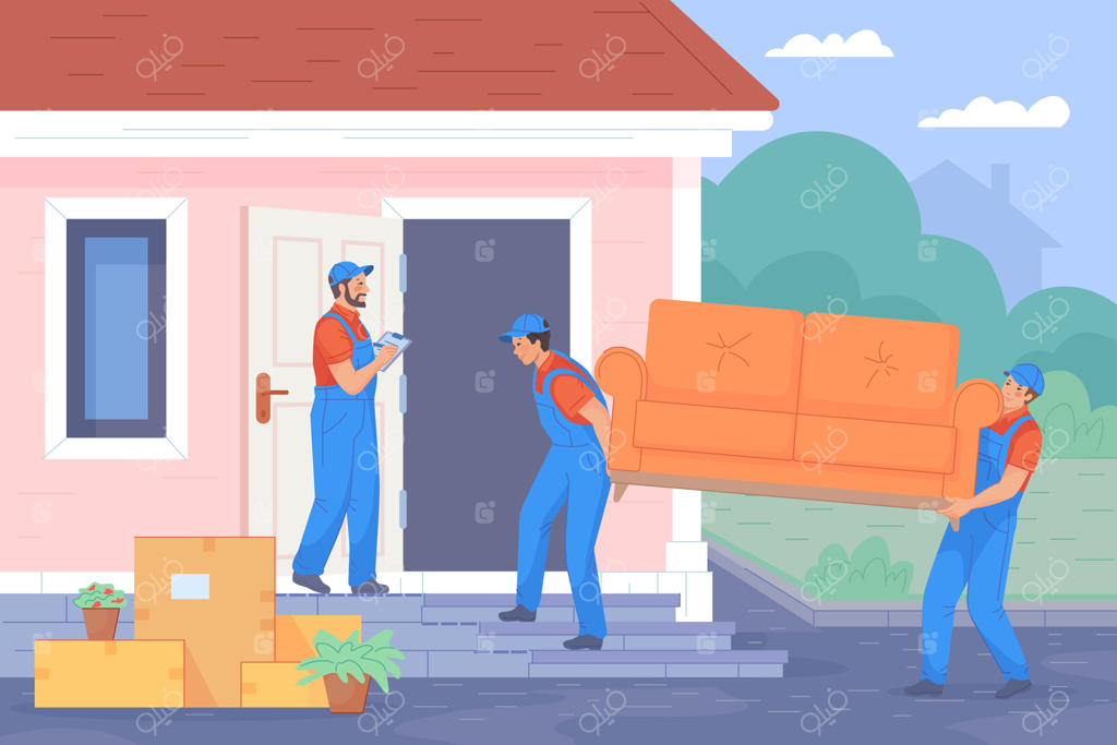 خدمات تخلیه اثاثیه: کارگران حمل و نقل مبل و جعبه به خانه جدید یا آپارتمان شیک جابجا می‌کنند - تصویرسازی وکتور