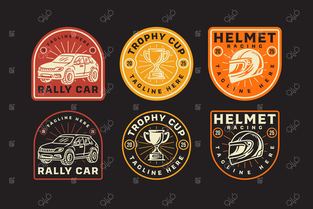 مجموعه طراحی لوگو نشان های رترو اتومبیل رالی، جام قهرمانی و کلاه ایمنی. نشان گرافیکی کلاه محافظ، جام قهرمانی، رالی خودرو. مسابقات رالی، خودرو، کارگاه، دریفت. تصویرسازی