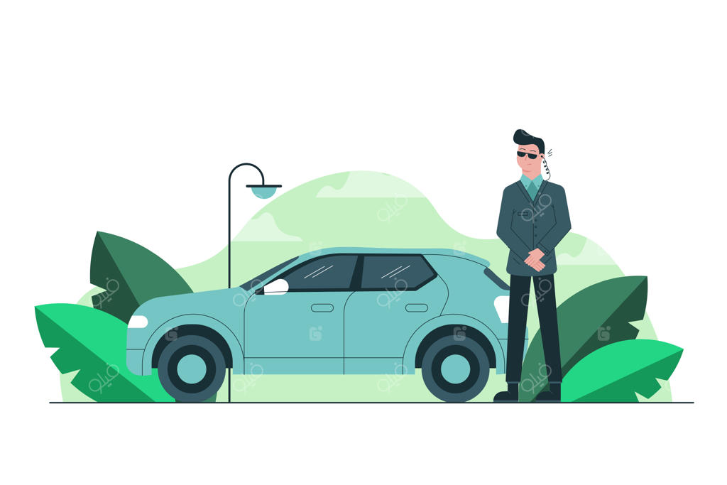 خطر، تجارت، ایمنی، مفهوم کار. مرد جوان و جدی که به عنوان بادیگارد در کنار ماشین ایستاده و با هدفون امنیتی به پیام گوش می‌دهد. محافظت از شخصیت‌های معروف و سیاستمداران.