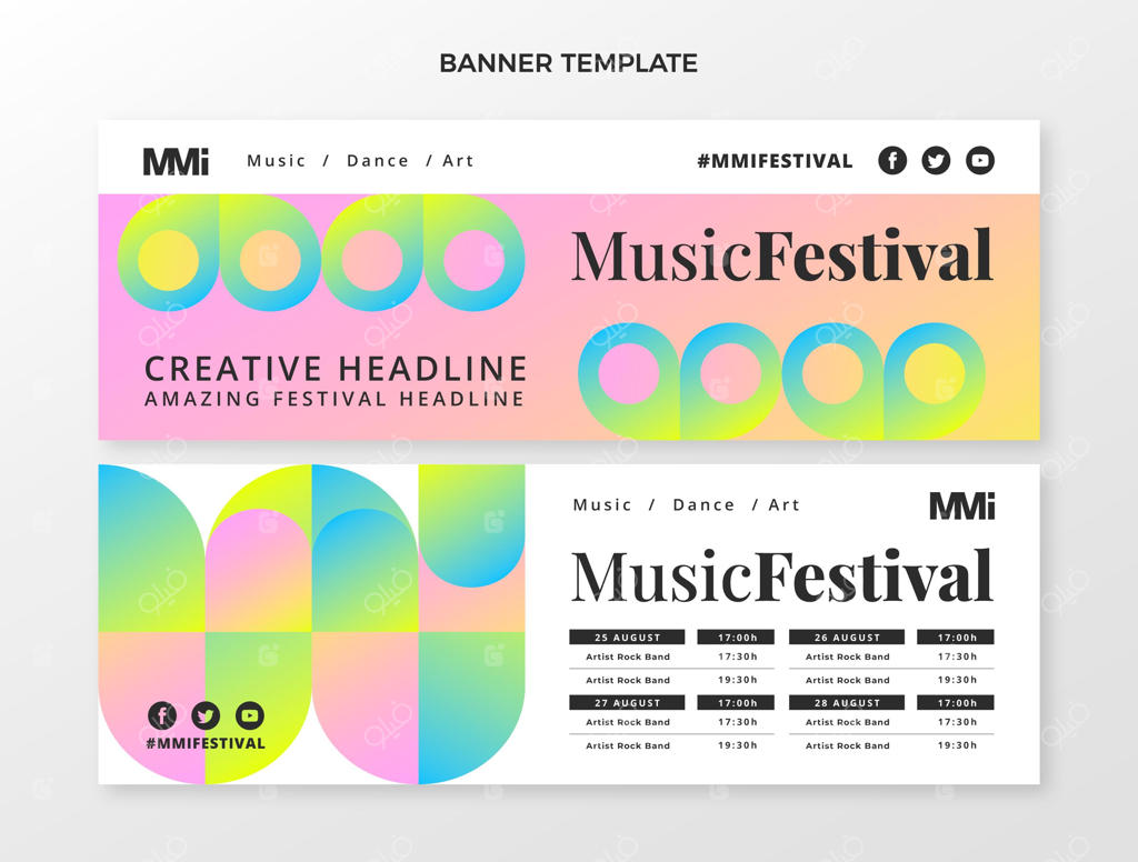 بنرهای افقی جشنواره موسیقی با رنگ‌های گرادیان جذاب