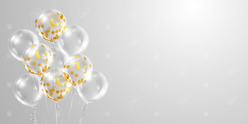 بنر جشن با بادکنک‌های طلایی بر روی پس‌زمینه شفاف سفید.