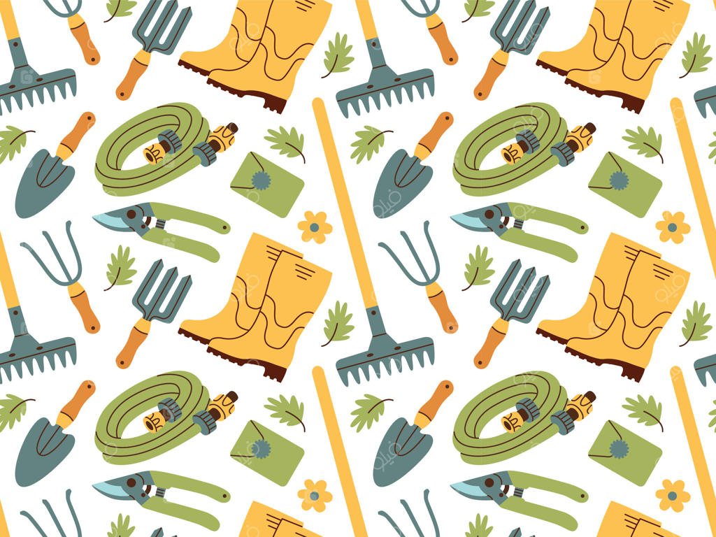 پترن یکپارچه از وسایل باغبانی با سبک طراحی دستی. ابزارهای کشاورزی و باغ برای کارهای بهاری.