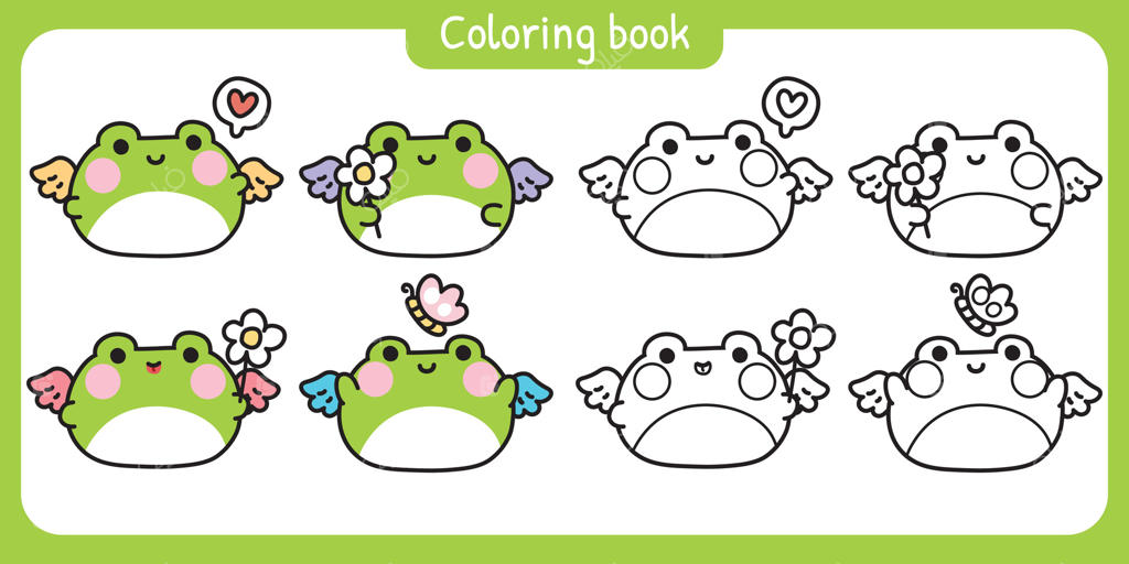 صفحات رنگ‌آمیزی. قورباغه بامزه گرد با بال‌هایی برای پرواز با گل قلبی و پروانه. زاویه. شخصیت کارتونی حیوان خزنده. کتاب رنگ‌آمیزی. کاوایی. تصویرسازی.