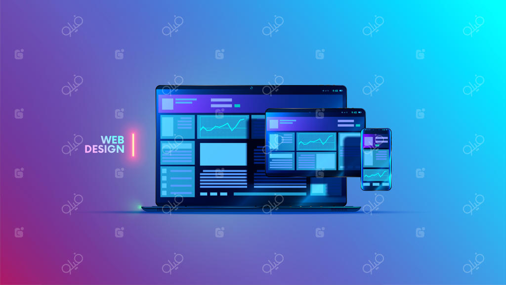 طرح مفهومی فلت برای طراحی وب و رابط کاربری ریسپانسیو؛ نمایش چیدمان وب‌سایت روی لپ‌تاپ، تبلت و موبایل