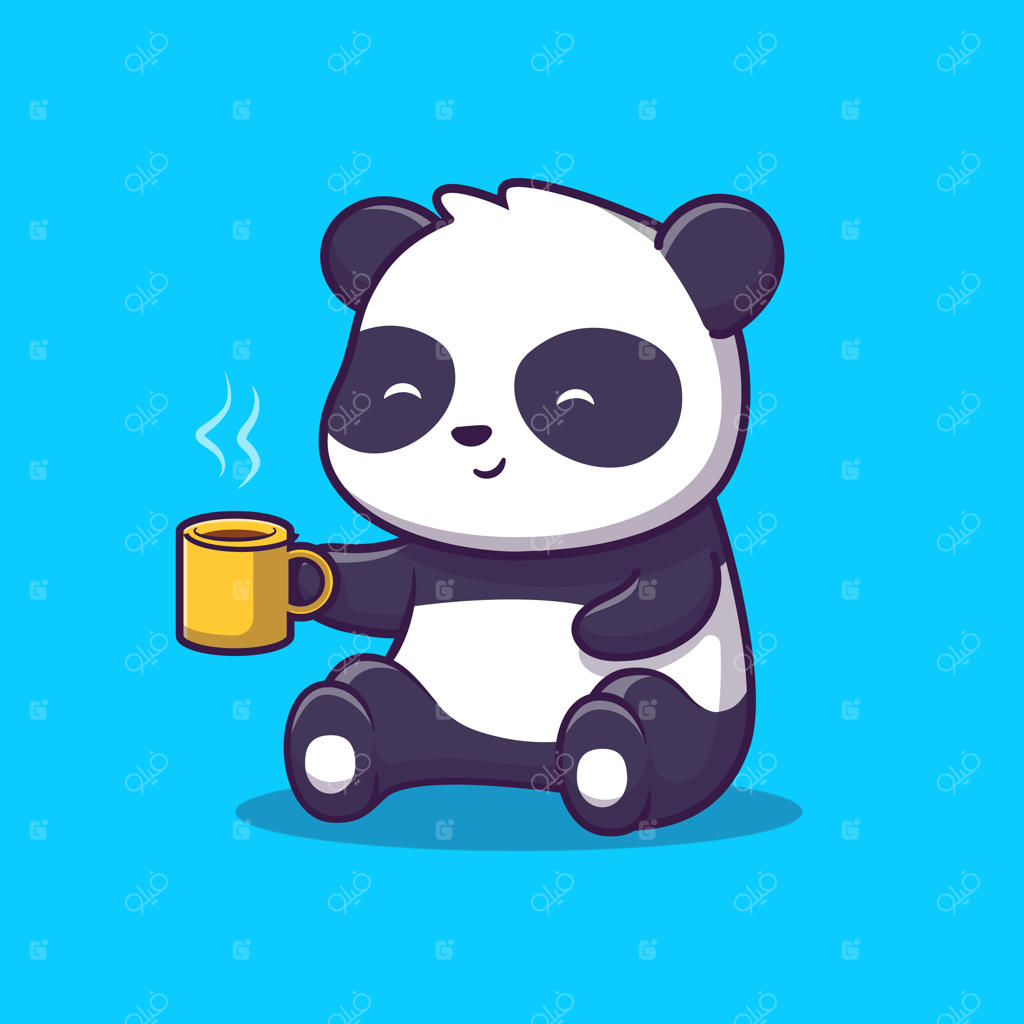 تصویر بامزه پاندا نوشیدن قهوه. پاندا و فنجان قهوه، مفهوم آیکون حیوانات به صورت جداگانه
