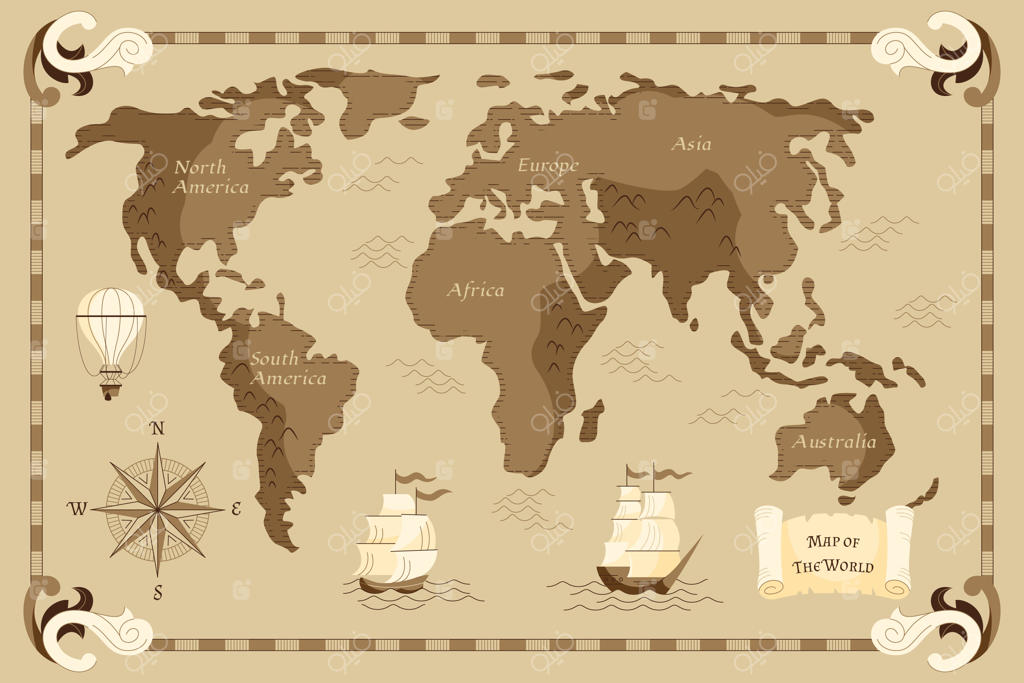 تصویرسازی نقشه‌ی قدیمی جهان به صورت دست‌کشیده