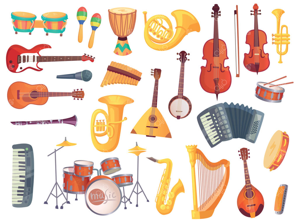 سازهای موسیقی کارتونی، گیتار، طبل بونگو، ویولن‌سل، ساکسیفون، میکروفون و ست درام؛ مجموعه وکتور سازهای موسیقی