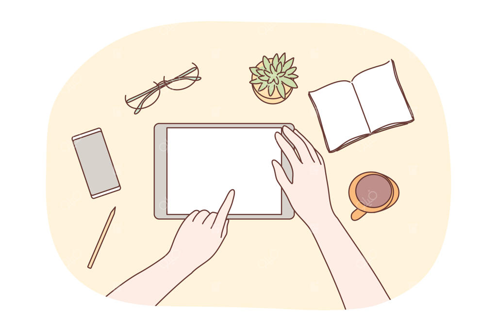 فناوری، موبایل، شبکه‌های اجتماعی و مفهوم کسب‌وکار: دست‌های طراح شخصیت انسانی در حال استفاده از دستگاهی خالی