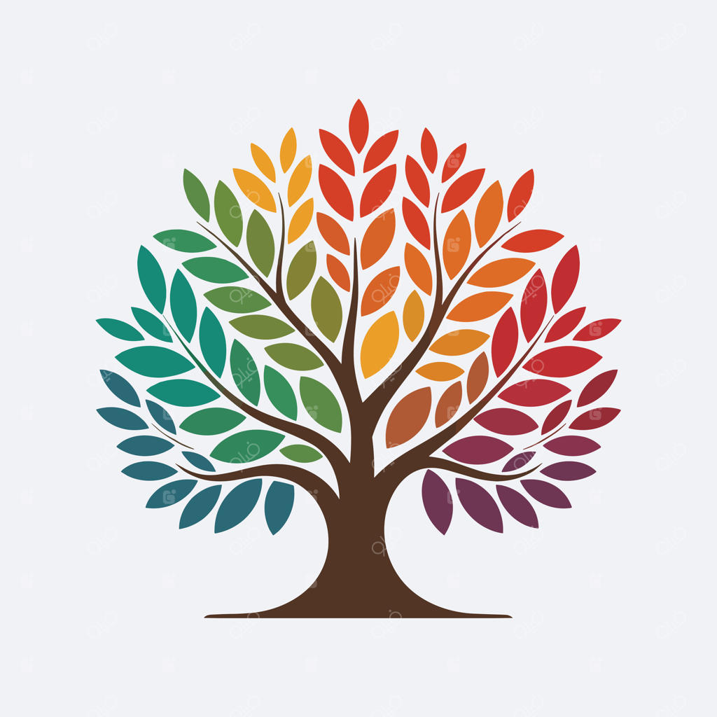 درخت رنگارنگ با برگ‌های چندرنگ، نماد طبیعت و رشد، تنوع، فصل‌ها و زندگی، بر روی پس‌زمینه سفید برای پروژه‌های طراحی زیست‌محیطی