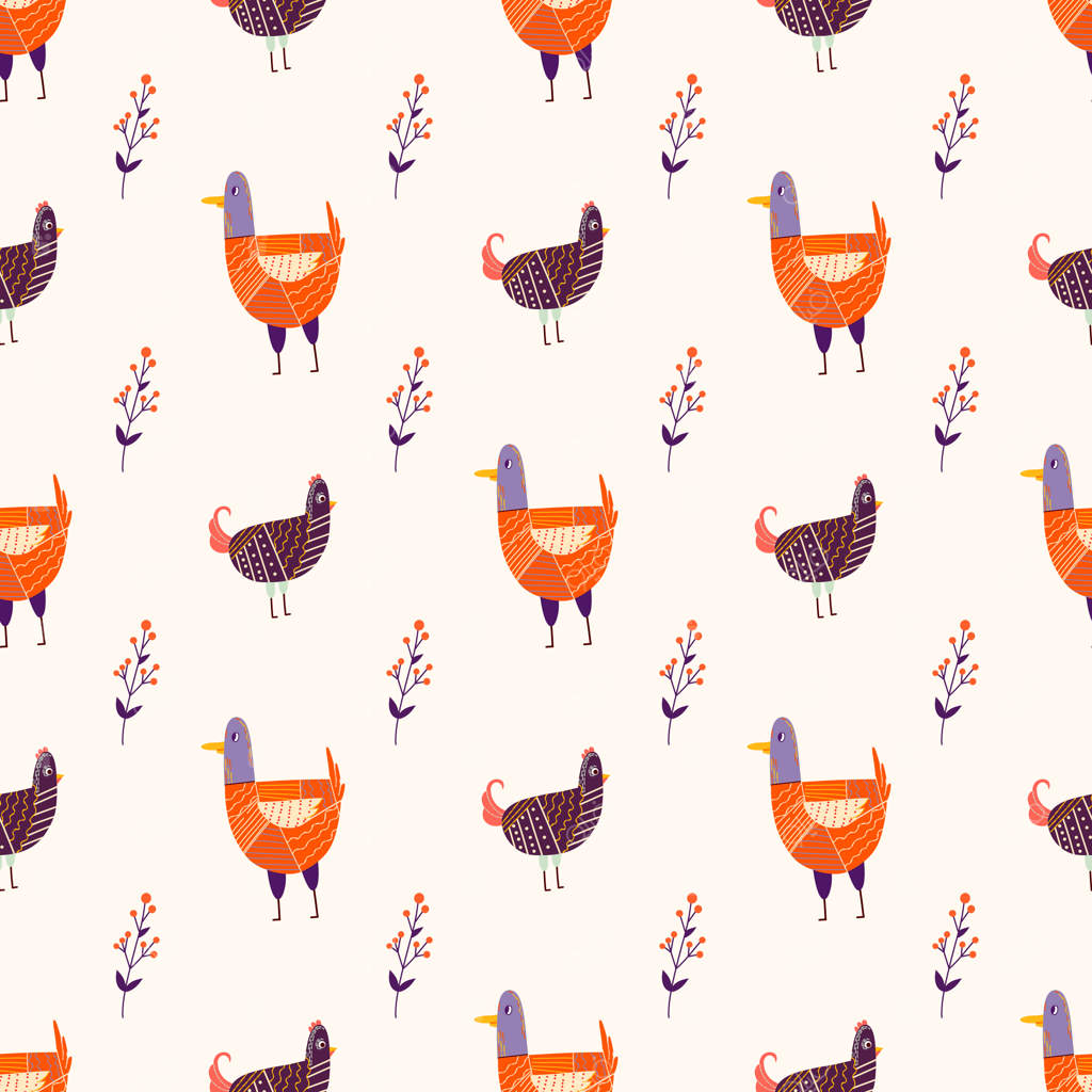 الگوی یکپارچه وکتور به سبک سنتی با پرنده‌ها و گرافیک‌های فرهنگ عامه با گل‌های رنگارنگ