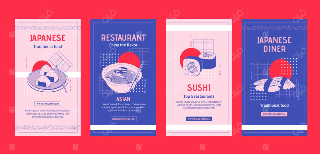 مجموعه استوری‌های اینستاگرامی رستوران ژاپنی با طراحی دستی