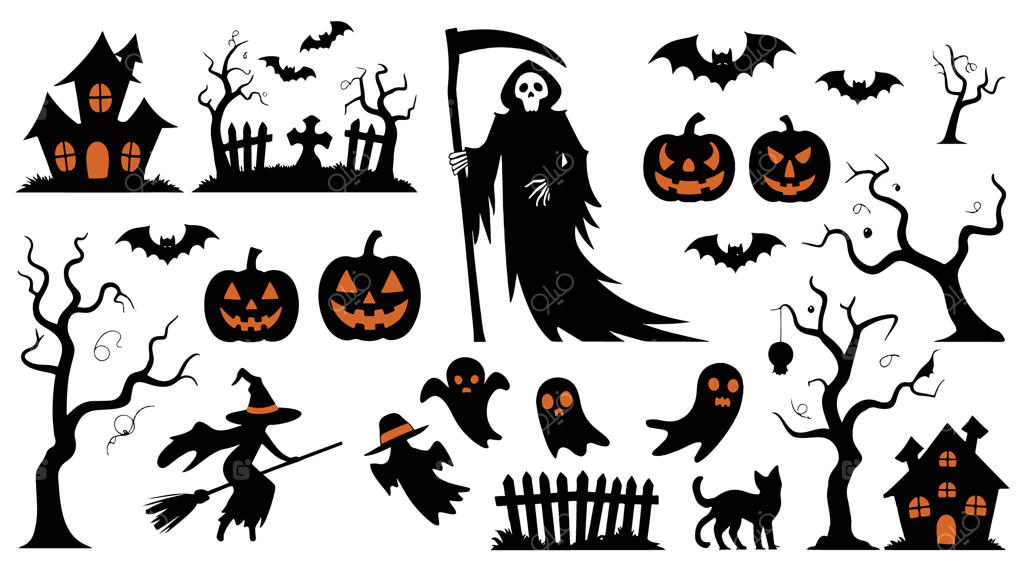 مجموعه وسایل هالووین شامل اسکلت و خفاش