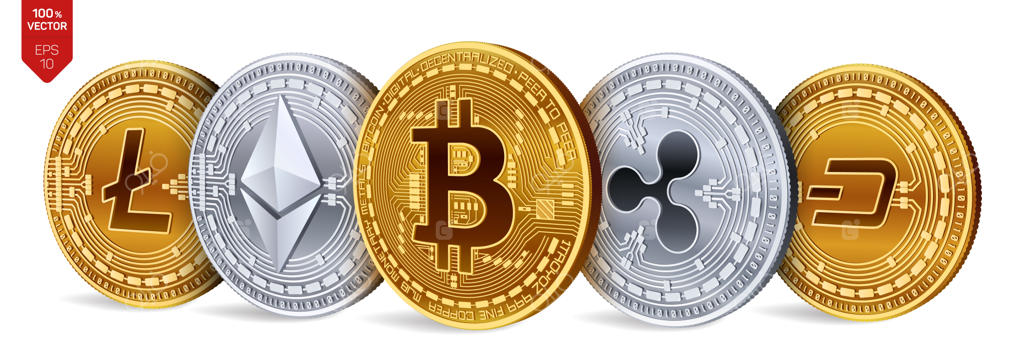 سکه‌های طلا و نقره با نماد بیت‌کوین، ریپل، اتریوم، دش و لایت‌کوین: دنیای ارزهای دیجیتال.