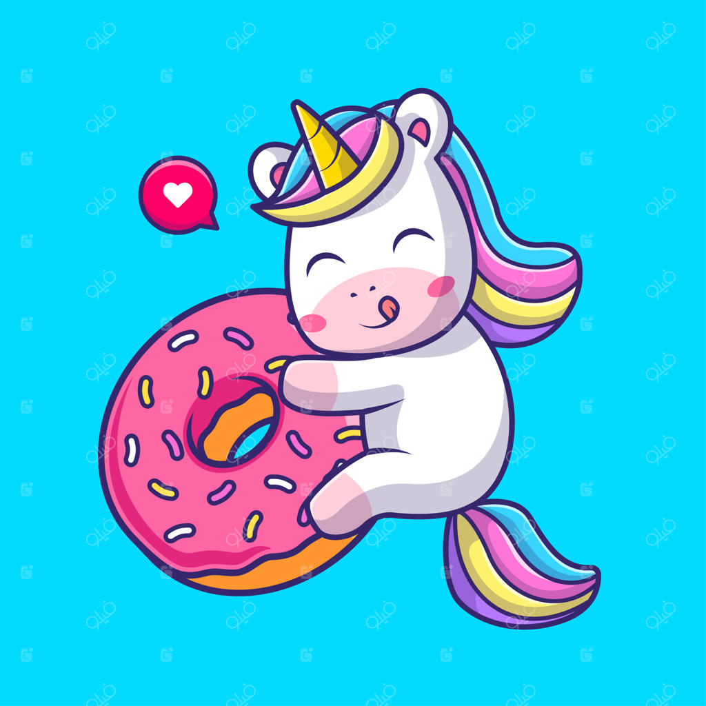 تصویر وکتور کارتونی بغل کردن شیرینی توسط اسب تک‌شاخ بامزه. مفهوم نماد حیوان و غذا - طراحی مسطح و جدا