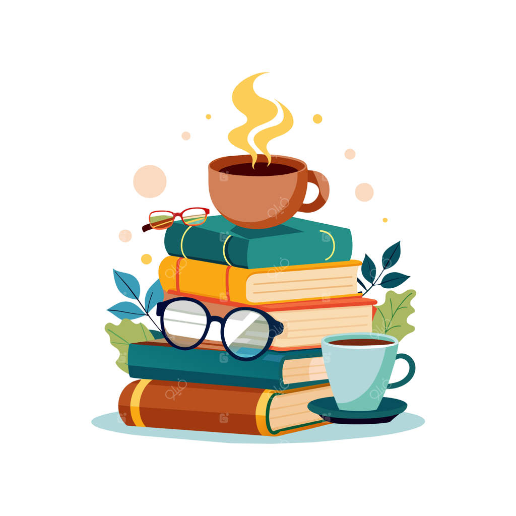 یک دسته کتاب با یک فنجان قهوه و یک فنجان چای