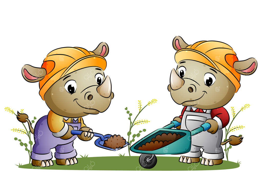 کرگدن زوج‌ساز زمین را می‌کند و به چرخ‌دستی نقاشی منتقل می‌کند