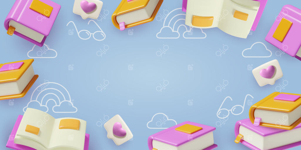 کتاب‌های سه‌بعدی با پس‌زمینه‌ای از کودکان پرنده، قلب‌ها، رنگین‌کمان‌ها و ابرها