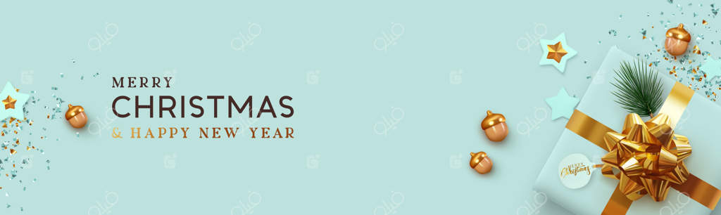 کریسمس مبارک و سال نو فرخنده - سربرگ یا بنر وبسایت. پس‌زمینه کریسمس با طراحی جعبه هدیه واقعی، بلوط طلایی سه‌بعدی و ستاره‌های تزئینی. اکلیل طلایی درخشان. پوستر افقی. تصویرسازی وکتور