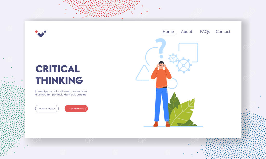 قالب صفحه فرود تفکر انتقادی با شخصیتی مرد در عینک و اشکال هندسی، چرخ‌دنده‌ها و علامت سوال