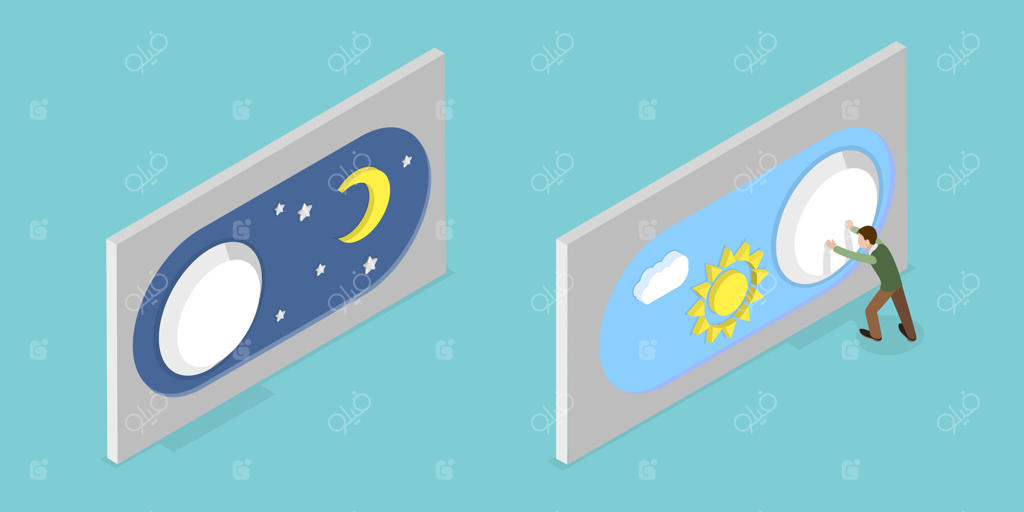 تصویر سه‌بعدی و ایزومتریک از مفهوم روشن یا تاریک، حالت روز در مقابل شب