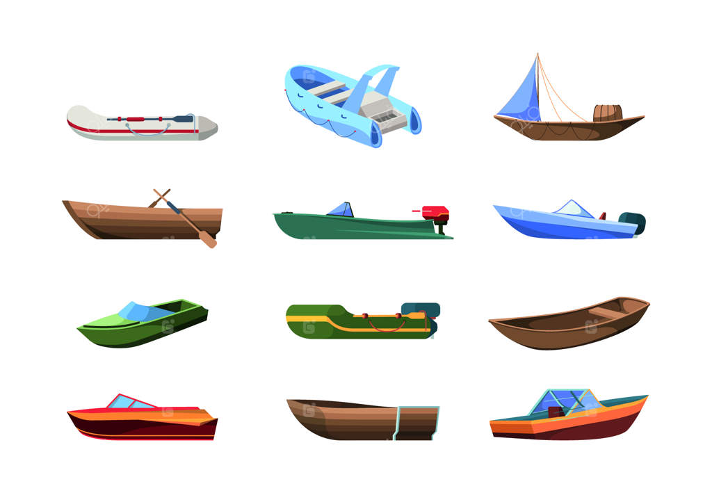 قایق‌های چوبی قایق‌های حمل و نقل دریا یا اقیانوس کشتی‌های کوچک کارتونی وکتوری رنگارنگ در آب
