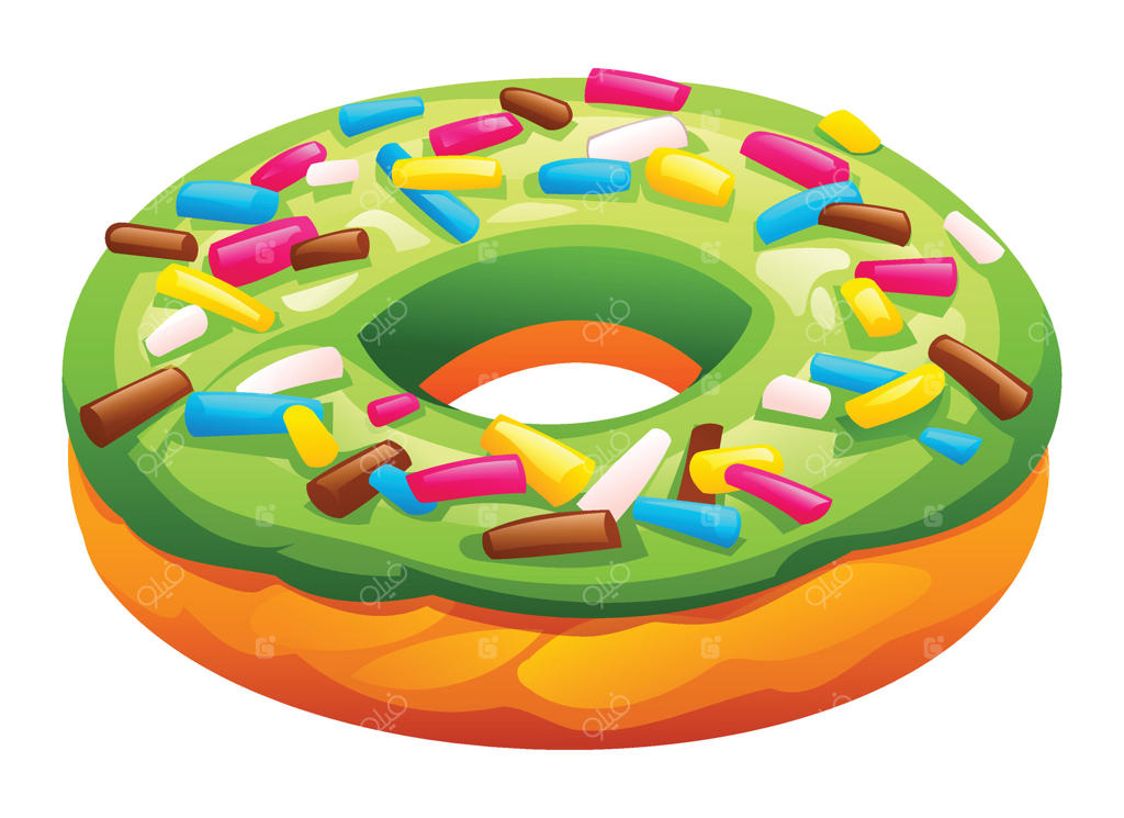 تصویر کارتونی دونات با روکش سبز ماچا و پاشیده‌های رنگارنگ روی زمینه سفید