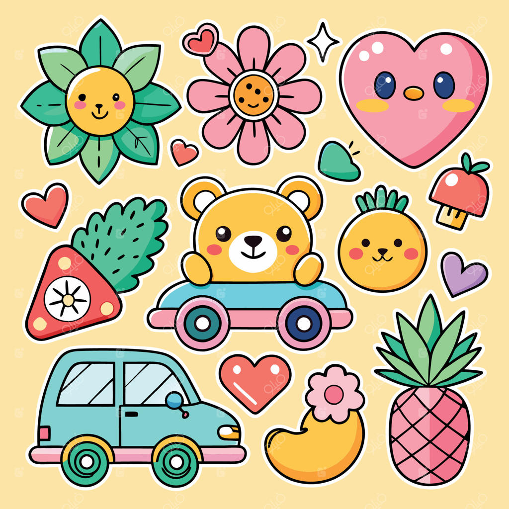 برچسب‌های کارتونی جذاب با طرح‌های ماشین، قلب و گل‌ها
