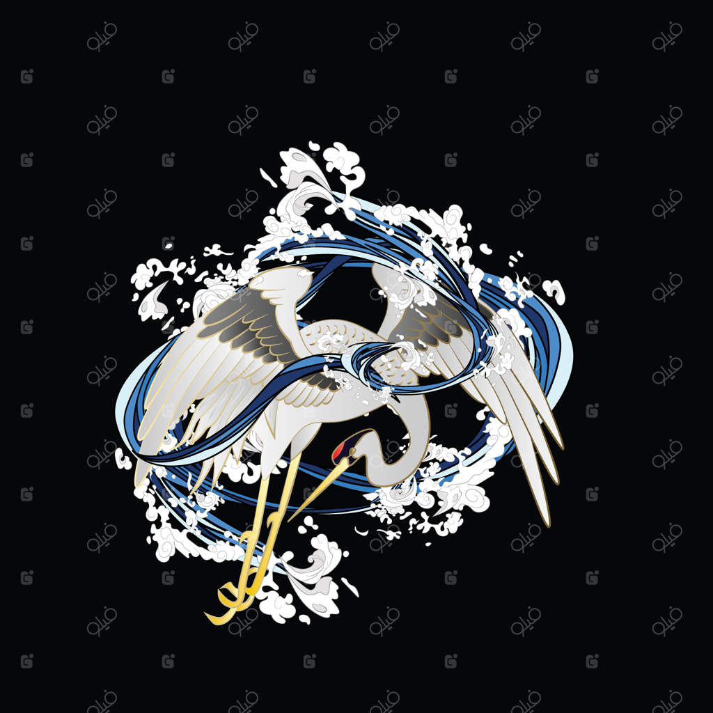 طراحی تصویر جرثقیل برای سوکاژان به معنای لباس یا تی‌شرت سنتی ژاپنی و لوگو است.