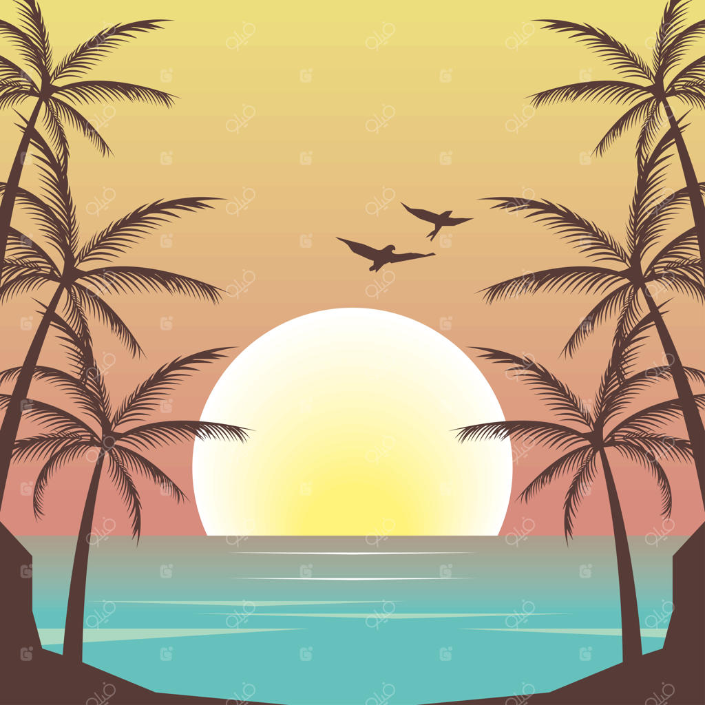 منظره‌ای از دریا و ساحل با نخل‌ها