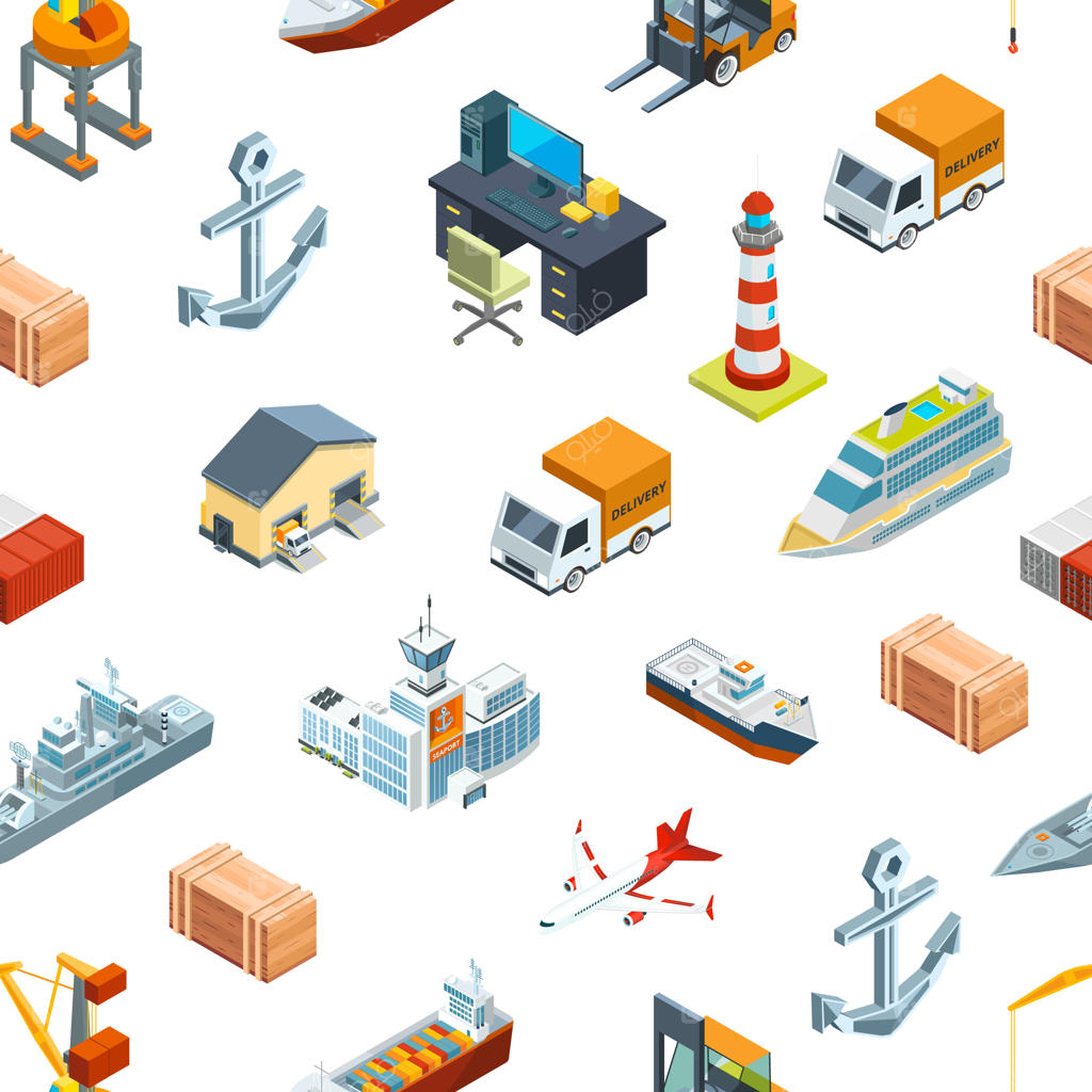 تصویر ایزومتریک لجستیک دریایی و پترن بندری - حمل و نقل و کانتینرهای باربری