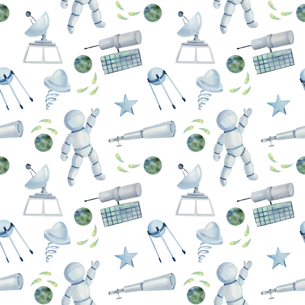 پترن یکپارچه عناصر فضایی با آبرنگ (فضانورد، بشقاب پرنده، ستاره‌ها، تلسکوپ، ماهواره)