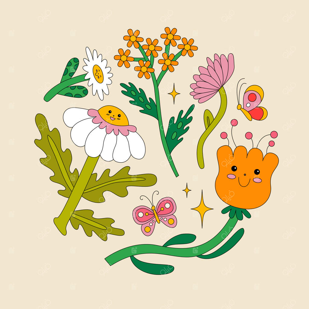 گل‌های رترو لبخند می‌زنند. چهره‌های بامزه و عناصر خلاقانه. عناصر تزیینی حشرات و گیاهان. حال و هوای شاد