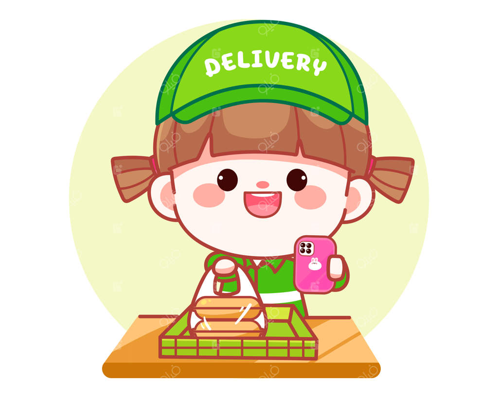 تصویر کارتونی لوگو: دختر شاد و بامزه در حال تحویل غذا و گذاشتن در جعبه