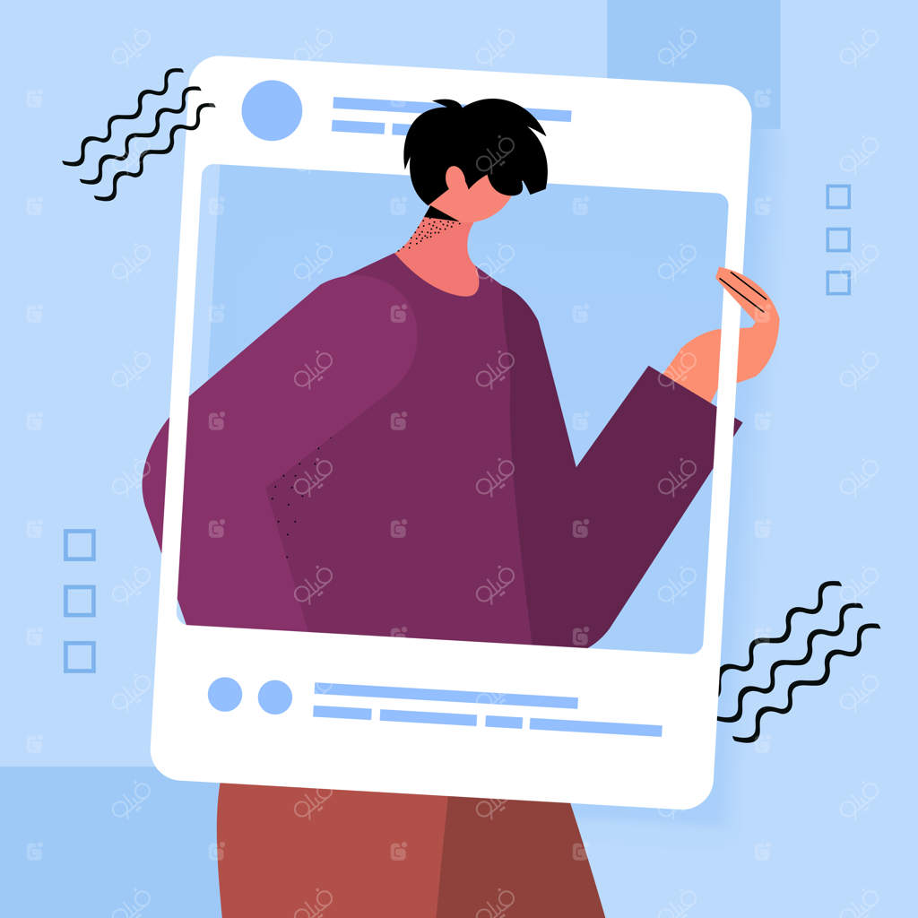 مرد در پنجره مرورگر در حال عکس گرفتن و ژست گرفتن در شبکه‌های اجتماعی - تصویر برداری پرتره