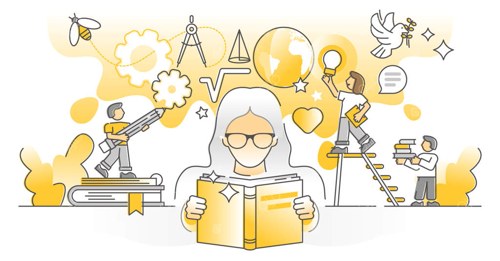 مطالعه دانش به عنوان توسعه و رشد فردی: مفهومی با خطوط ساده و تک‌رنگ. یادگیری هوشمند از طریق کتاب و ادبیات. ذهن تیز و فهم عمیق از طریق پژوهش اطلاعاتی.