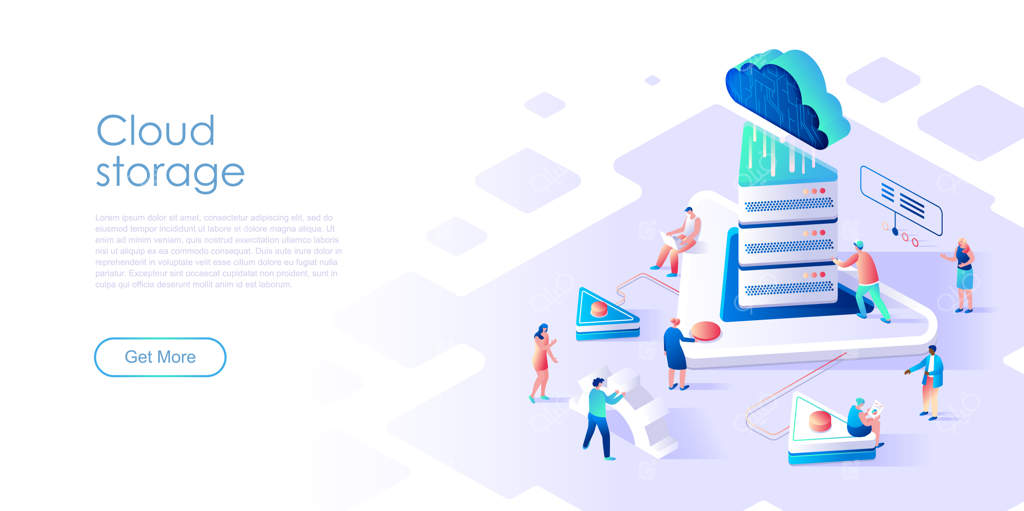 صفحه فرود ایزومتریک ذخیره‌سازی ابری یا مفهوم فناوری رنگی و دوبعدی