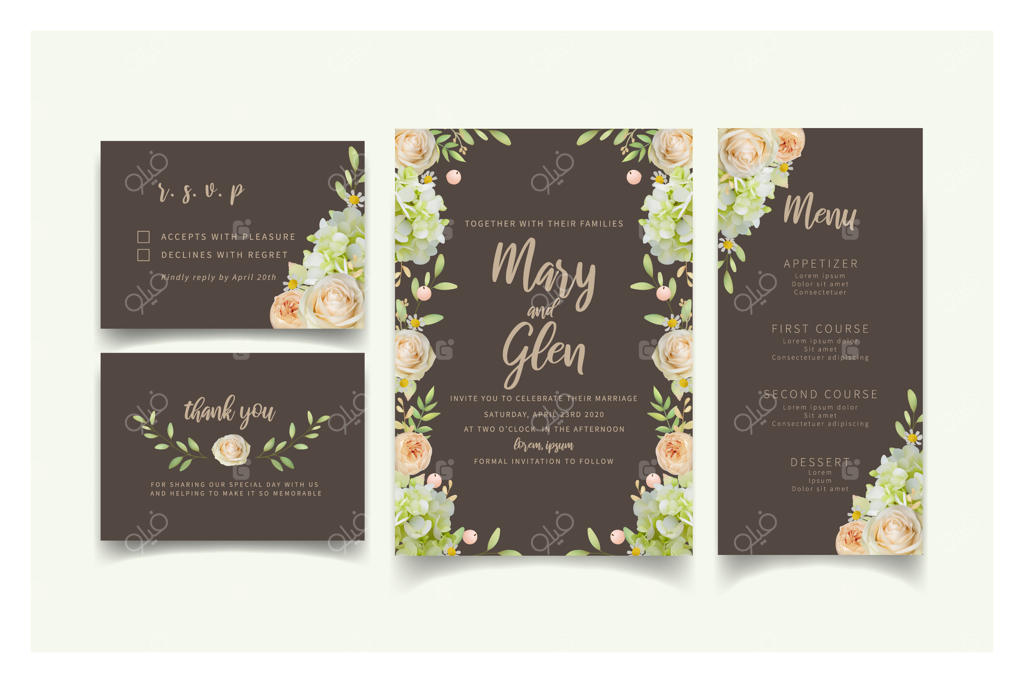 دعوتنامه عروسی با طرح گل‌های رز و هورتانسیا