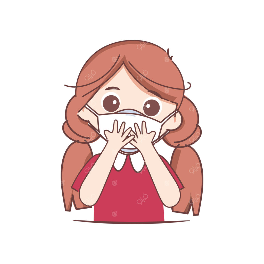 زن با ماسک صورت پزشکی برای محافظت از ویروس کووید-19 - شخصیت کارتونی بامزه و جذاب