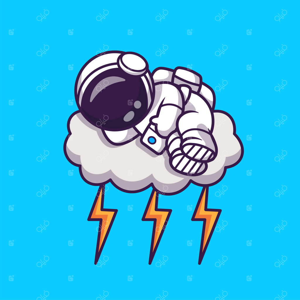 تصویر کارتونی بامزه از فضانورد خوابیده بر روی ابر رعد و برق. تکنولوژی علمی