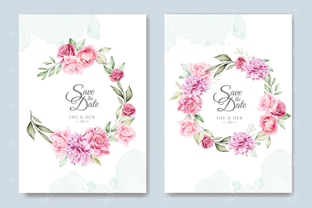 قالب کارت دعوت عروسی با طرح گل‌های آبرنگی