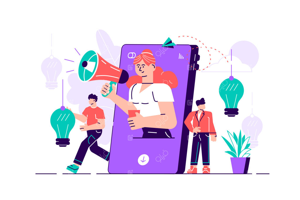 گوشی موبایل، زنی با بلندگو روی صفحه و جوانانی که او را احاطه کرده‌اند. بازاریابی تأثیرگذار، تبلیغ در شبکه‌های اجتماعی و رسانه‌ای، مدیریت شبکه‌های اجتماعی (SMM). تصویرسازی برای تبلیغات اینترنتی.