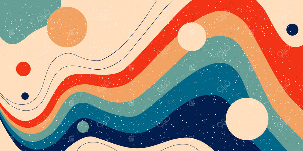 بنر موج‌دار روانگردان با نوارهای رنگارنگ. دیوار نقاشی‌شده با دایره‌های انتزاعی و قطرات رنگ. طراحی و زیبایی‌شناسی قدیمی دهه ۱۹۷۰، با تصاویر.